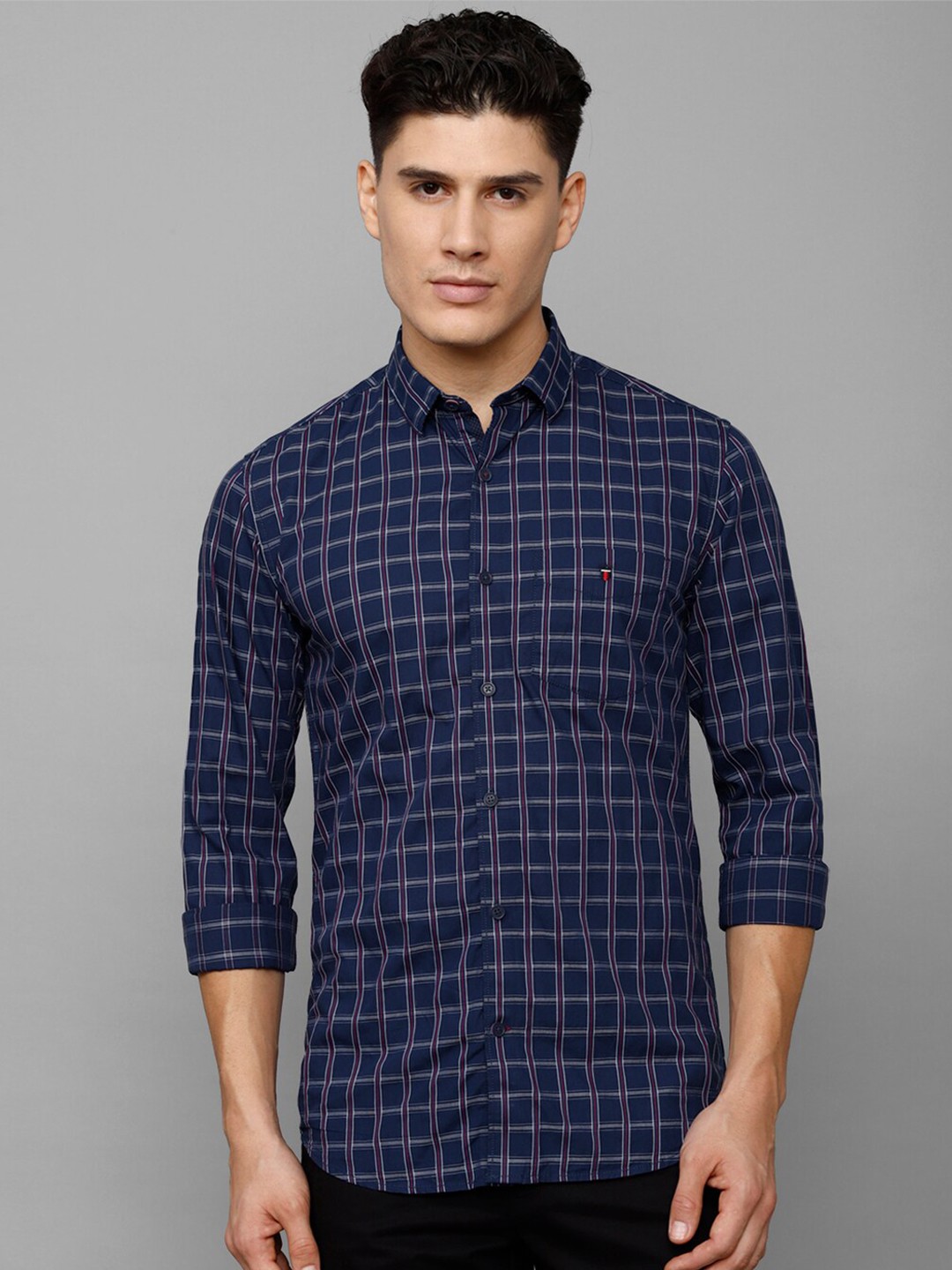 

Louis Philippe Sport Men Slim Fit Tartan Checks Formal Pure Cotton Shirt, Navy blue