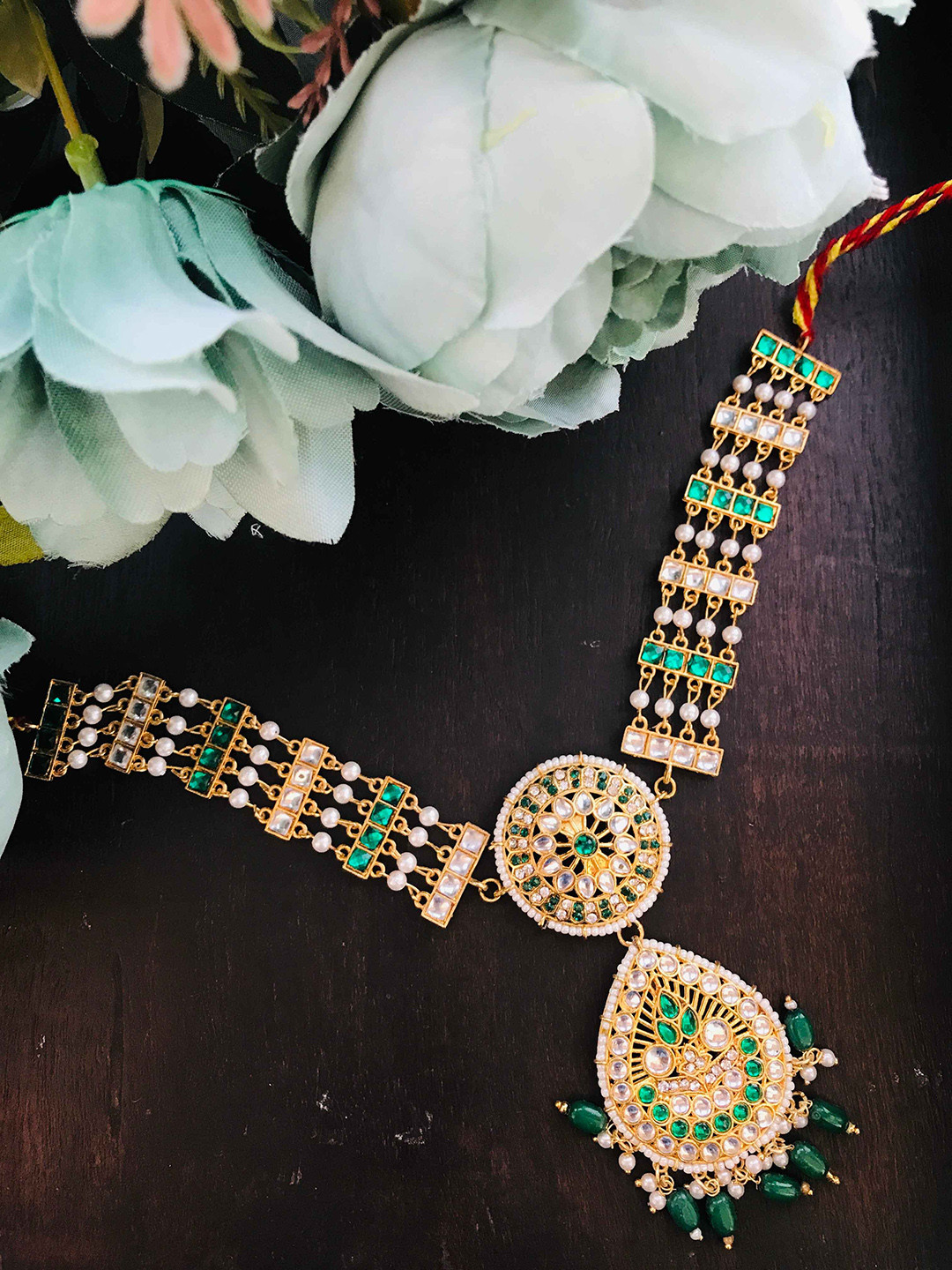 

The Opal Factory Gold-Plated Stone-Studded & Pearl Beaded Sheeshphool