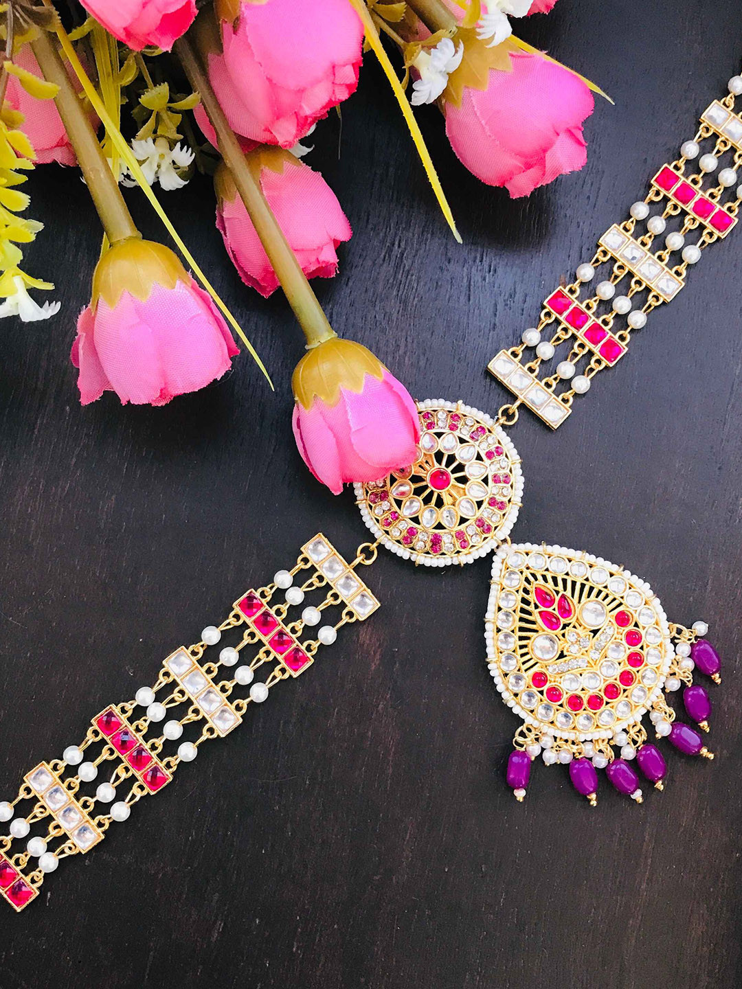 

The Opal Factory Gold-Plated Stone-Studded & Pearl Beaded Sheeshphool