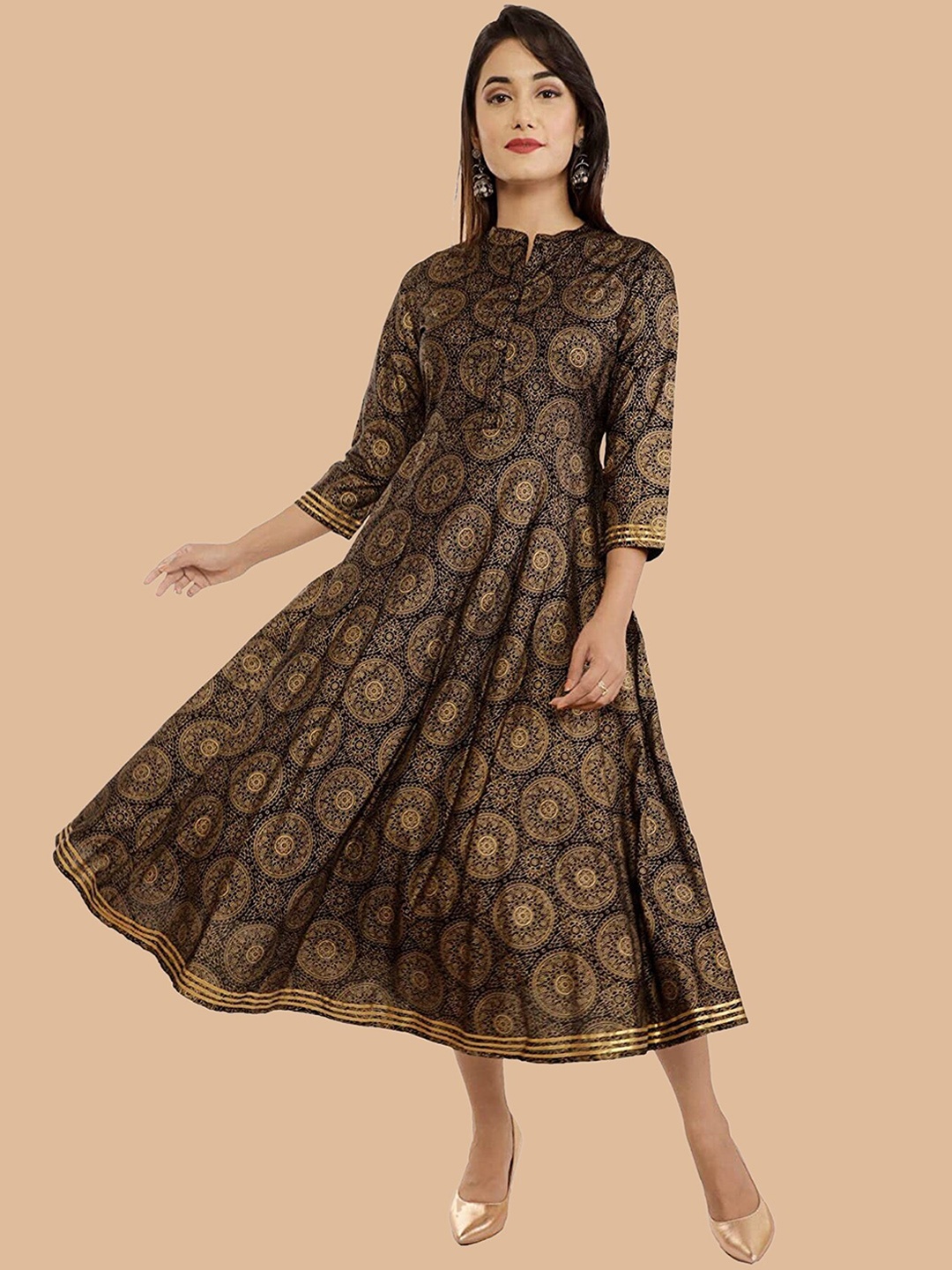 

KALINI Ethnic Motifs Handloom Anarkali Dress, Brown