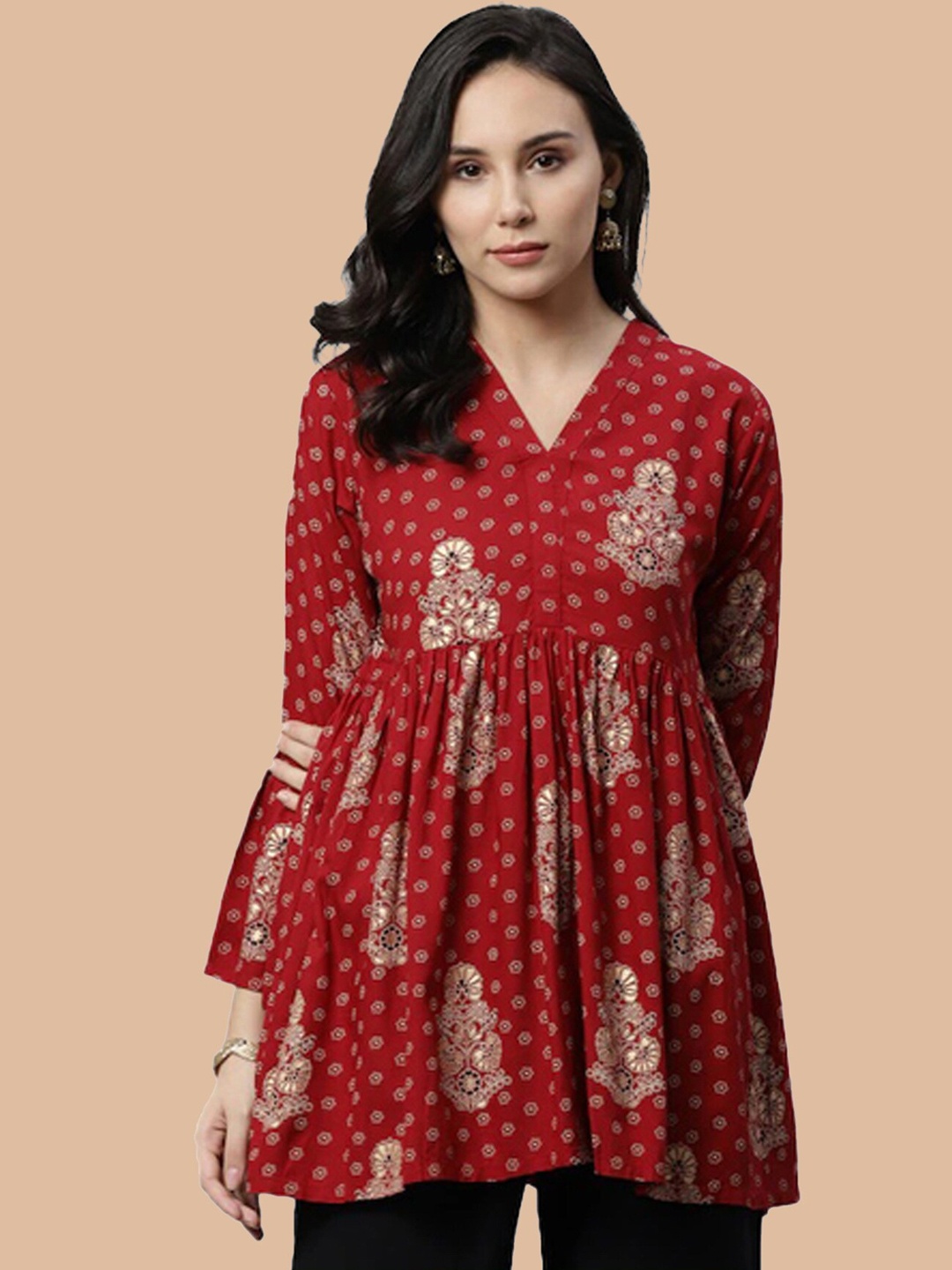 

KALINI Ethnic Motifs Printed Anarkali Kurti, Red