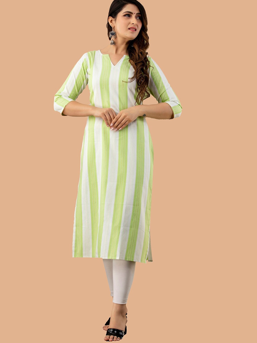 

KALINI Women Striped Gotta Patti Handloom Kurta, Green
