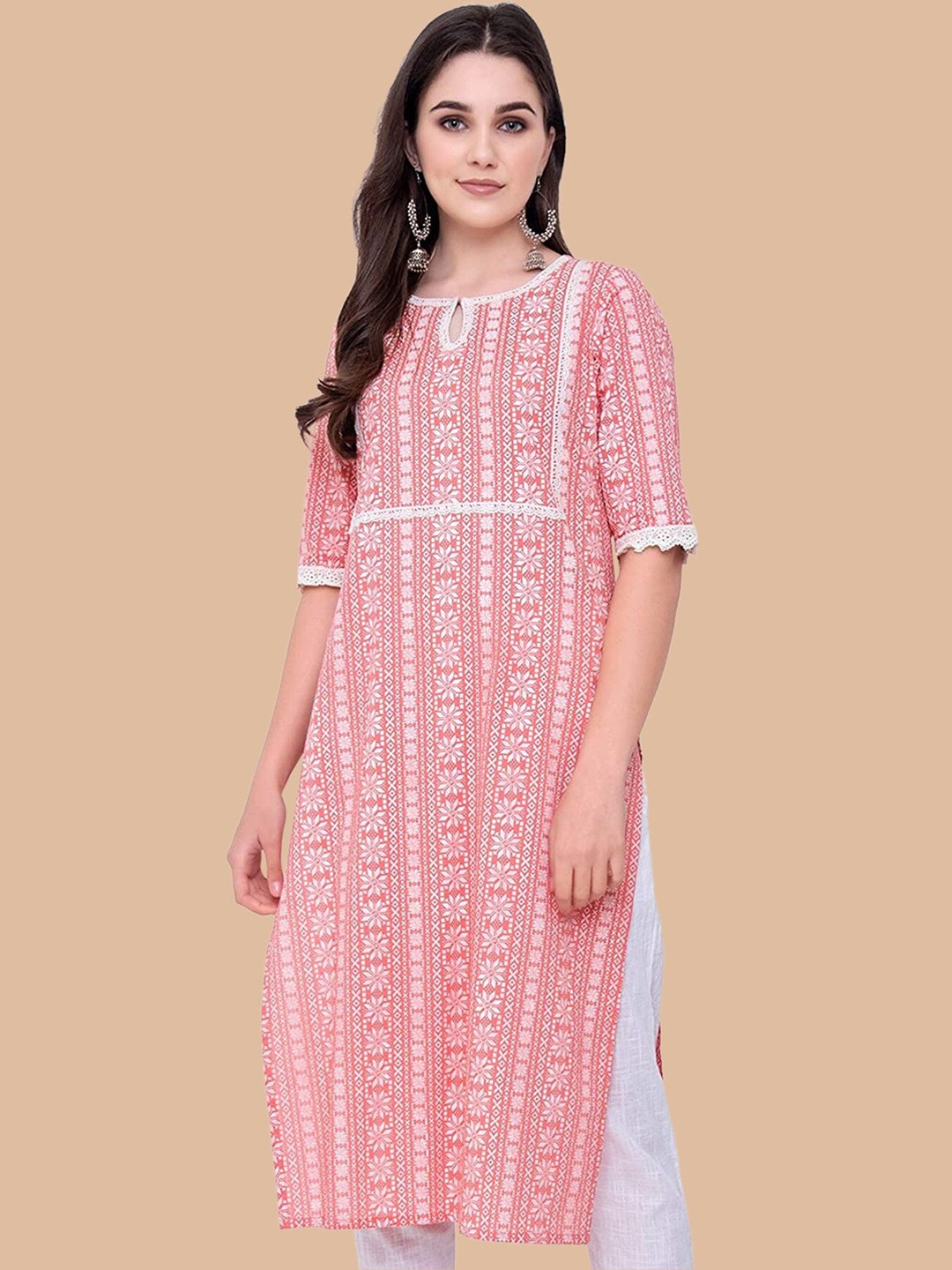 

KALINI Women Ethnic Motifs Printed Keyhole Neck Crepe Kurta, Pink