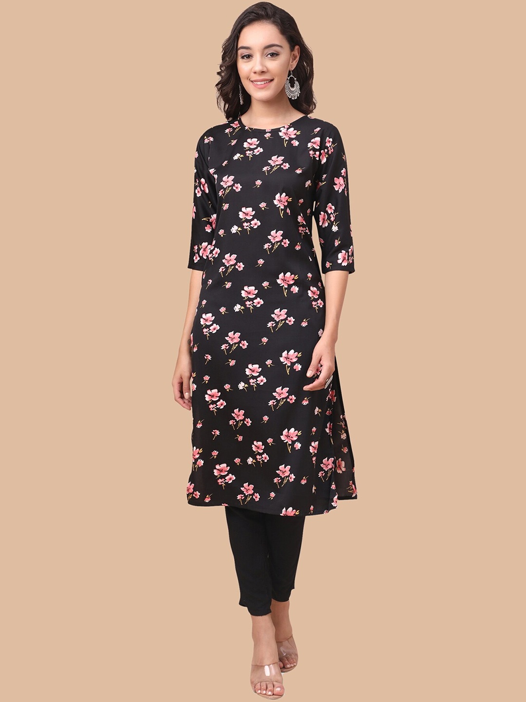 

KALINI Women Floral Printed Crepe Kurta, Black