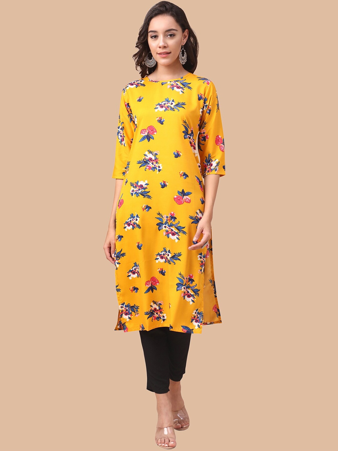 

KALINI Floral Printed Handloom Crepe Kurta, Yellow