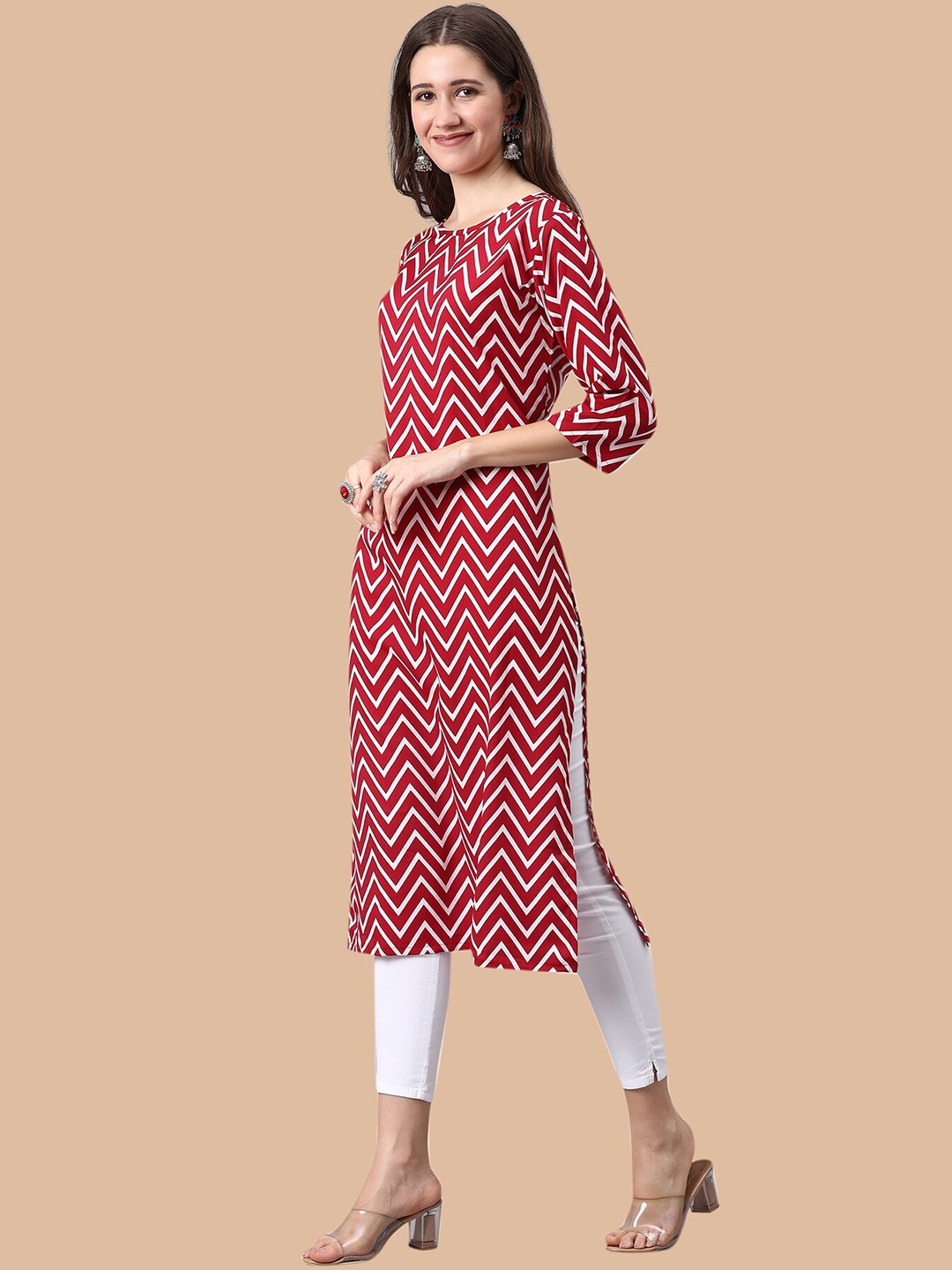 

KALINI Chevron Printed Handloom Crepe Kurta, Red