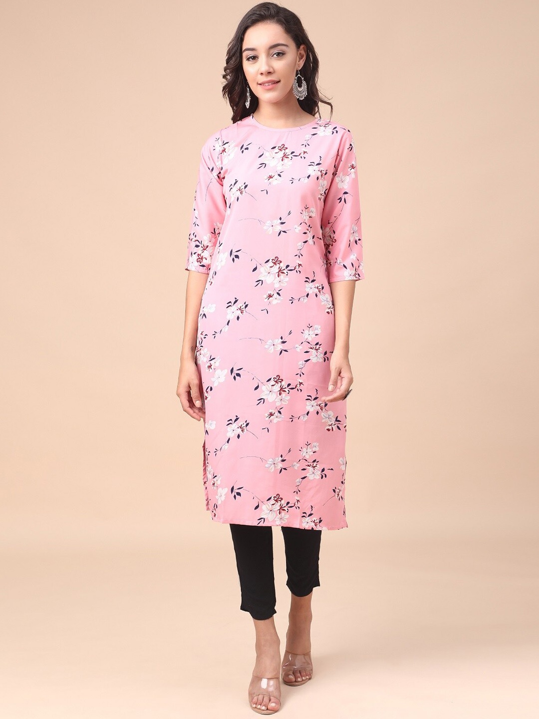 

KALINI Floral Printed Handloom Crepe Kurta, Pink