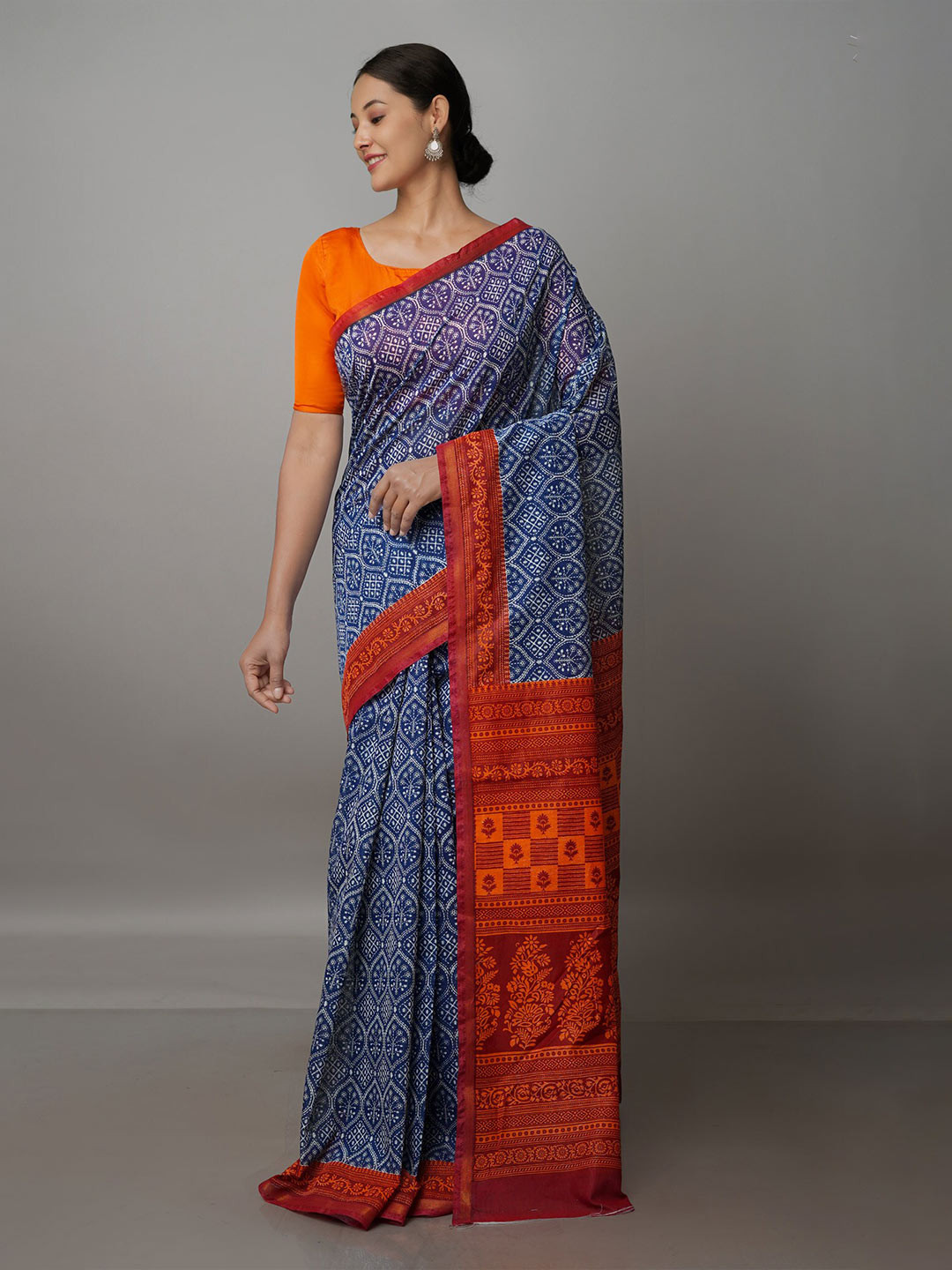 

Unnati Silks Floral Zari Silk Cotton Chanderi Saree, Navy blue