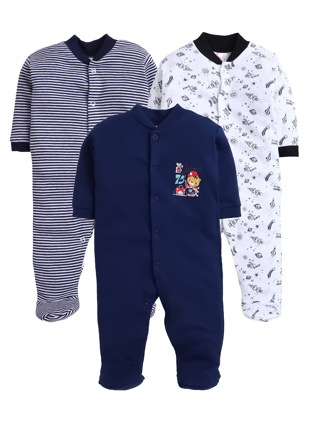 

EIO Infants Pack Of 3 Printed Pure Cotton Sleepsuit, Navy blue