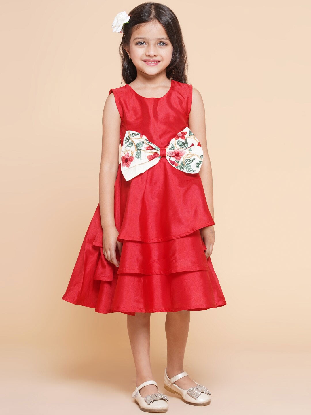 

Bitiya by Bhama Girls Satin Fit and Flare Dress With Bow, Red