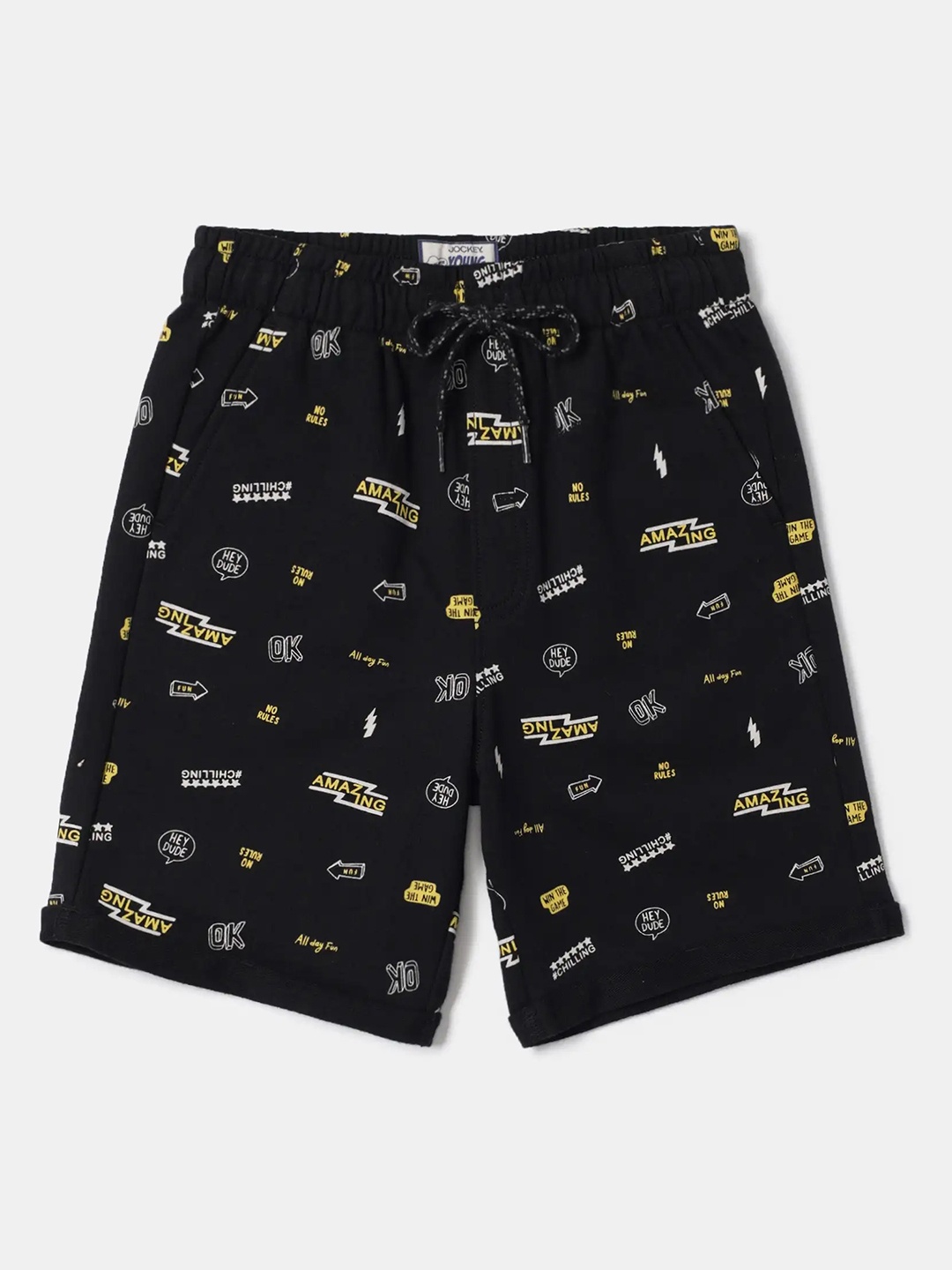 

Jockey Boys Combed Cotton French Terry Printed Shorts With Drawstring Closure - CB03, Black