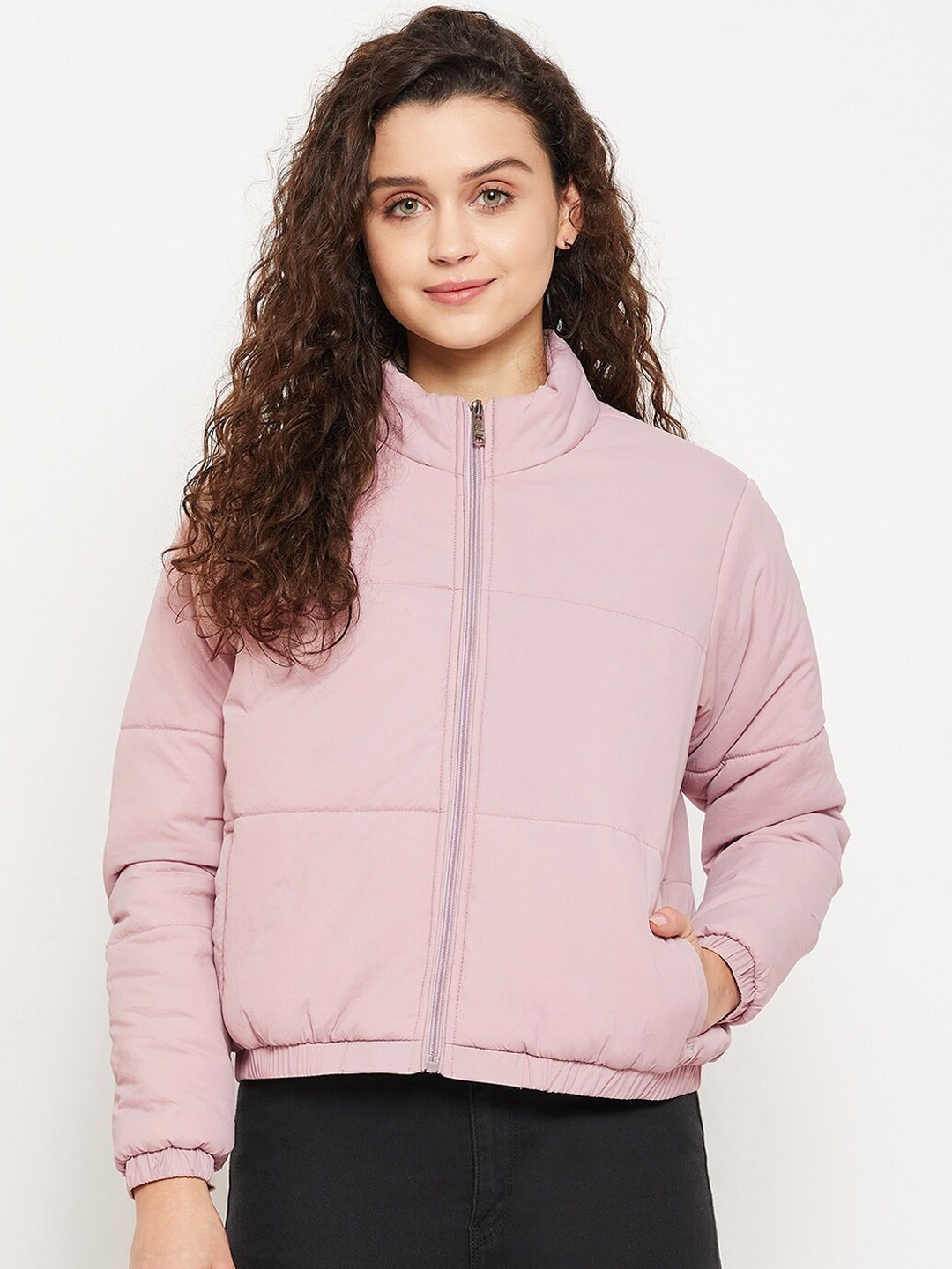 

Okane Women Mock Collar Lightweight Bomber Jacket, Peach
