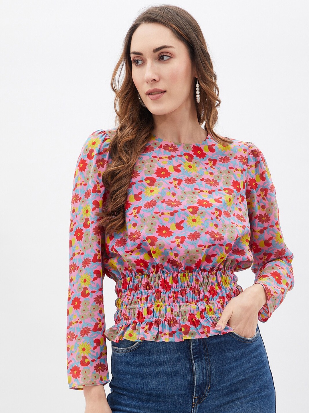 

Kibo Floral Print Georgette Blouson Top, Pink