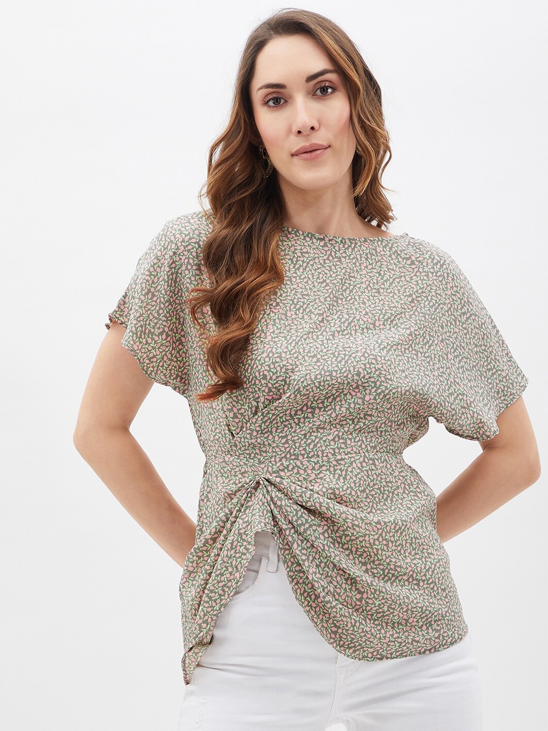 

Kibo Floral Print Extended Sleeves Crepe Cinched Waist Top, Green