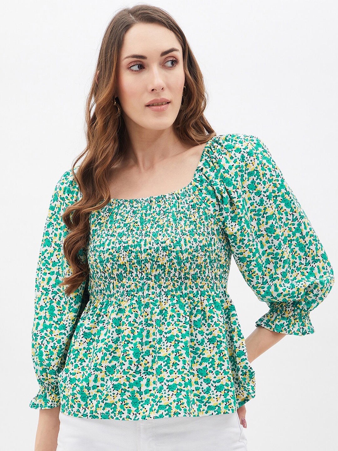 

Kibo Floral Print Smocked Crepe Peplum Top, Green