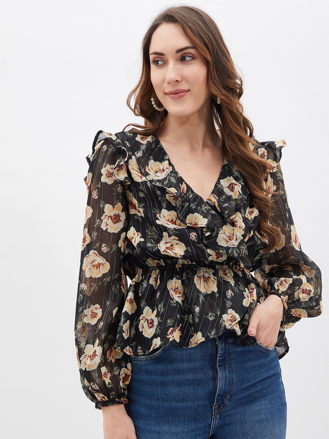 

Kibo Black Floral Print Ruffles Wrap Top
