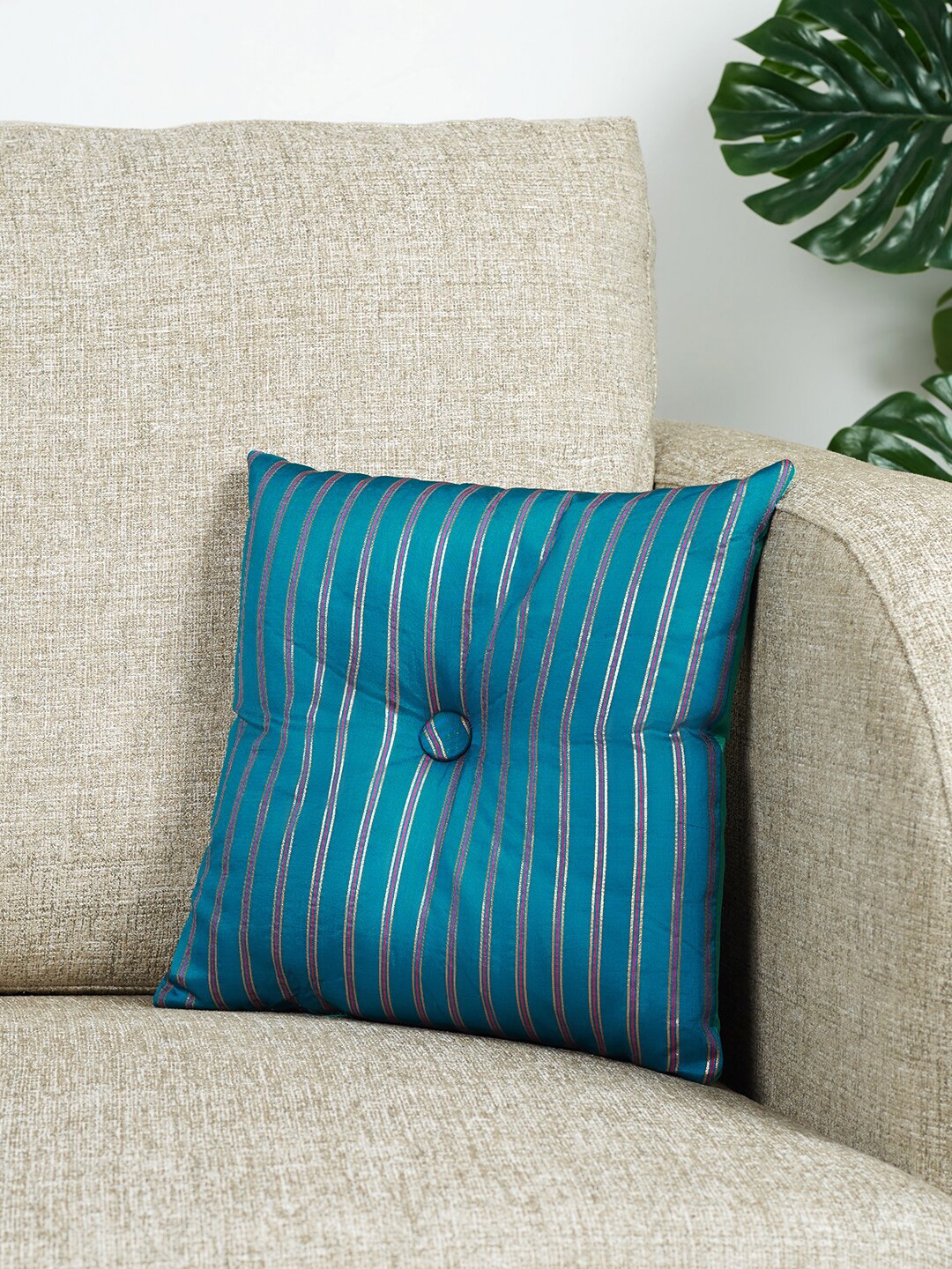 

HomeTown Blue & Teal Striped Reversible Silk Square Cushion Cover