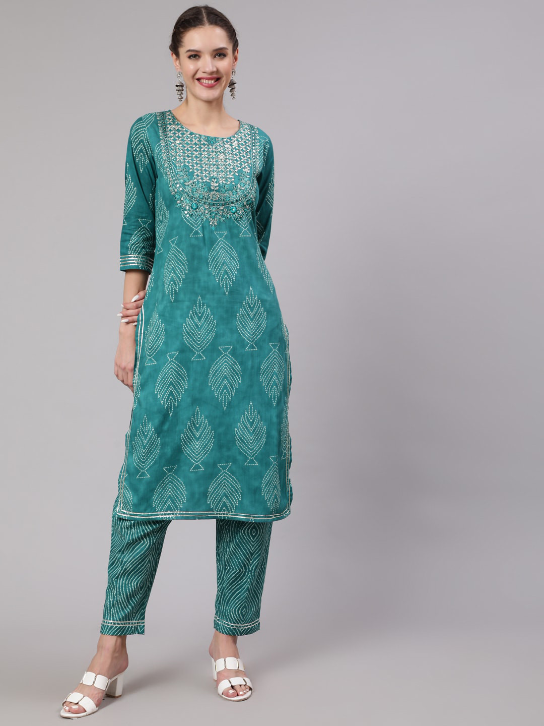 

KALINI Women Teal Ethnic Motifs Embroidered Mirror Work Pure Cotton Kurta with Trousers & With Dupatta
