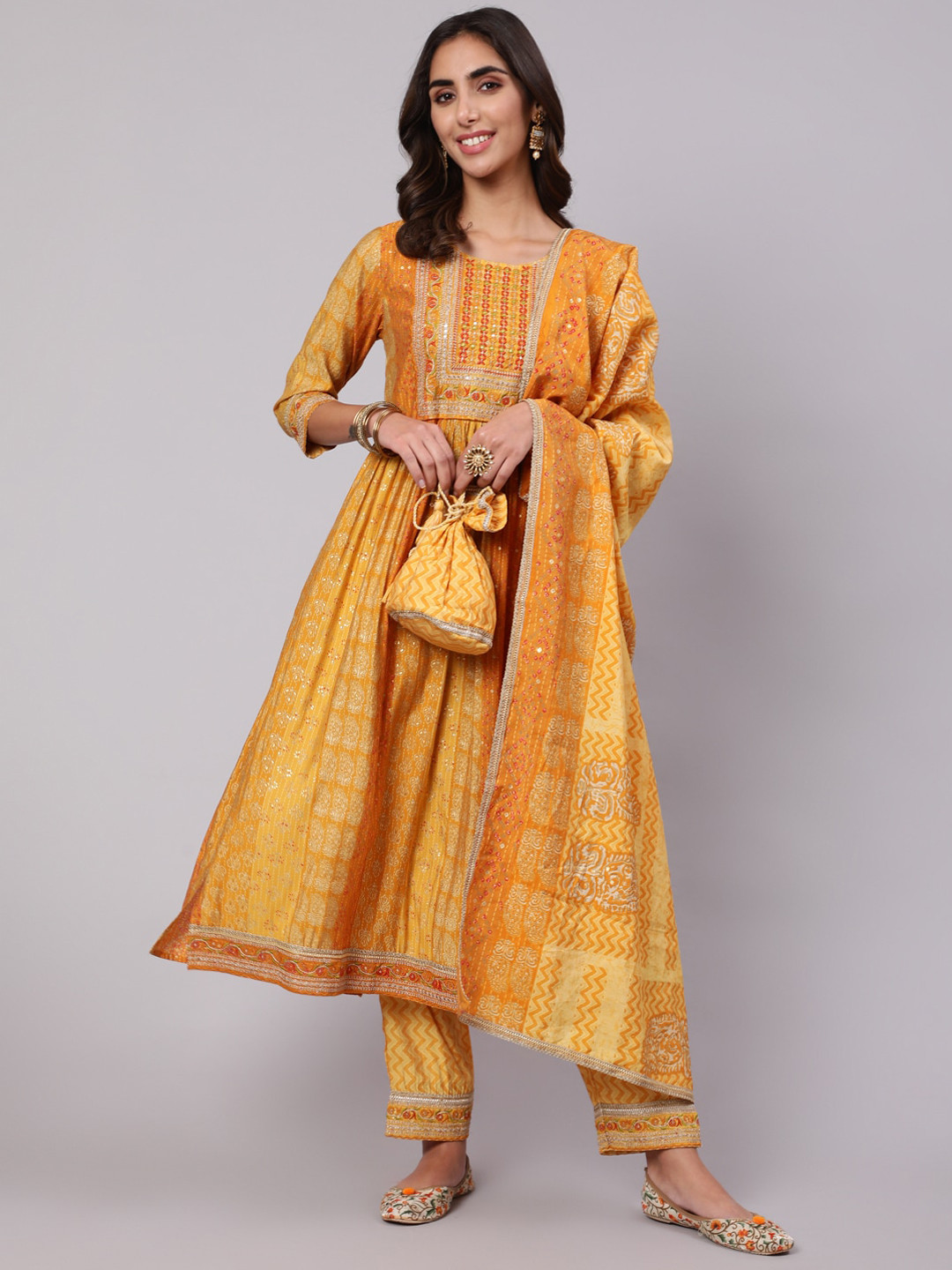 

KALINI Floral Printed Sequinned Kurta with Trousers & With Dupatta, Mustard