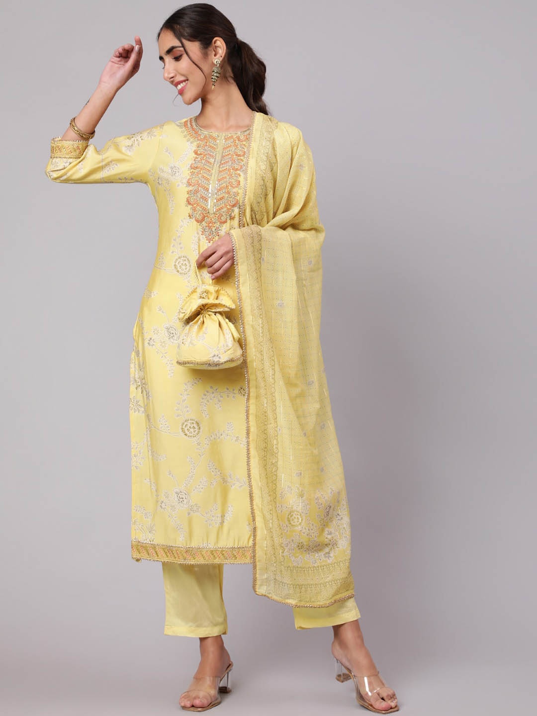 

KALINI Floral Embroidered Thread Work Kurta with Trousers & With Dupatta, Yellow