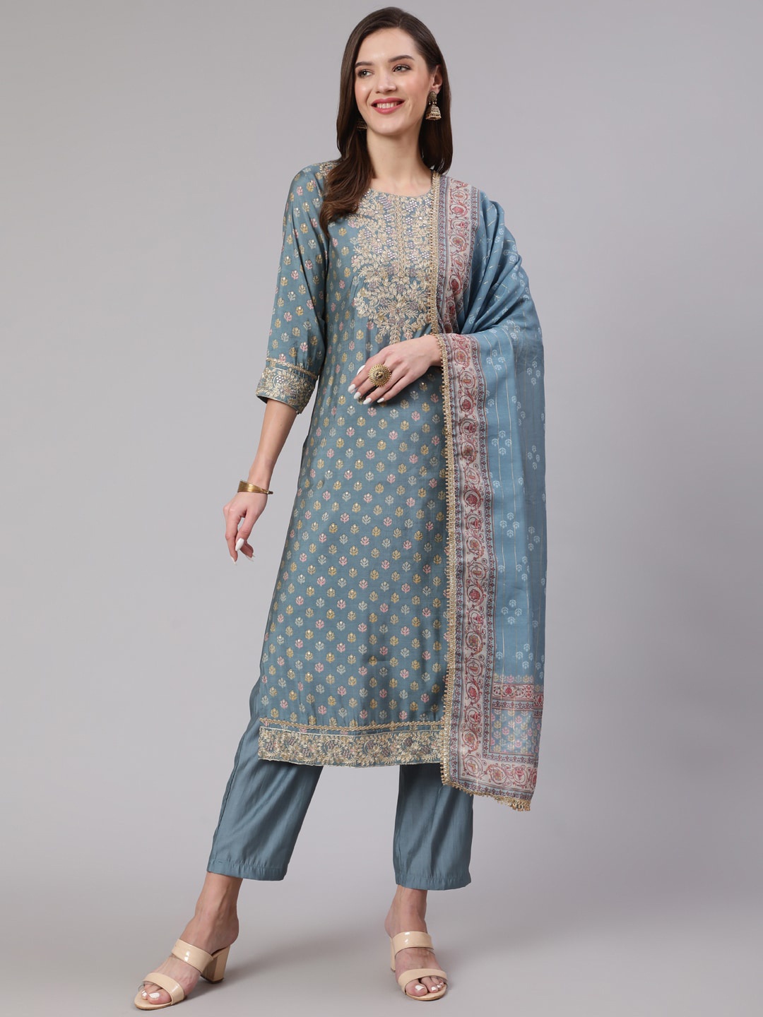 

KALINI Ethnic Motifs Printed Mirror Work Kurta with Trousers & With Dupatta, Grey
