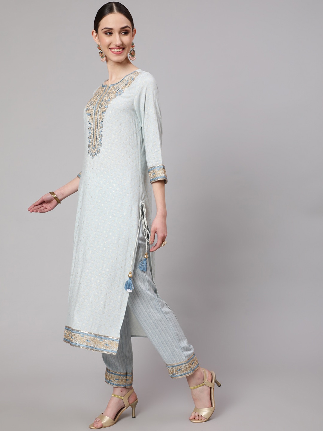 

KALINI Women Floral Printed Zardozi Kurta with Trousers & With Dupatta, Blue