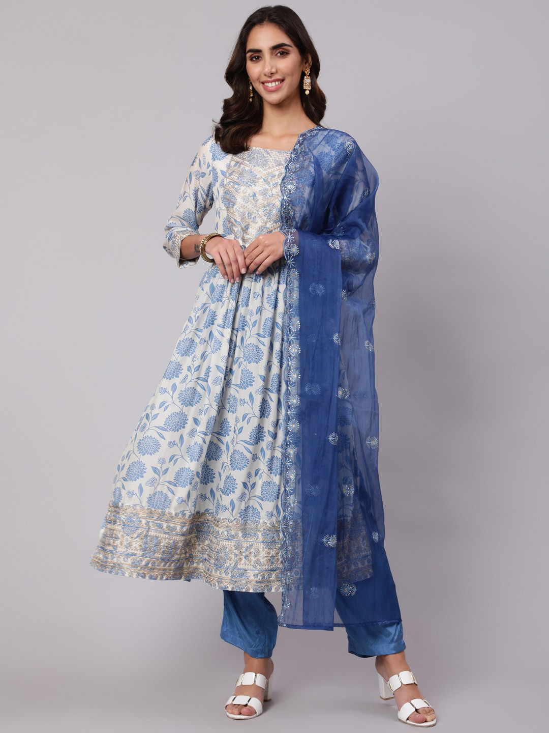 

KALINI Women Floral Printed Empire Zardozi Kurta with Palazzos & With Dupatta, Off white