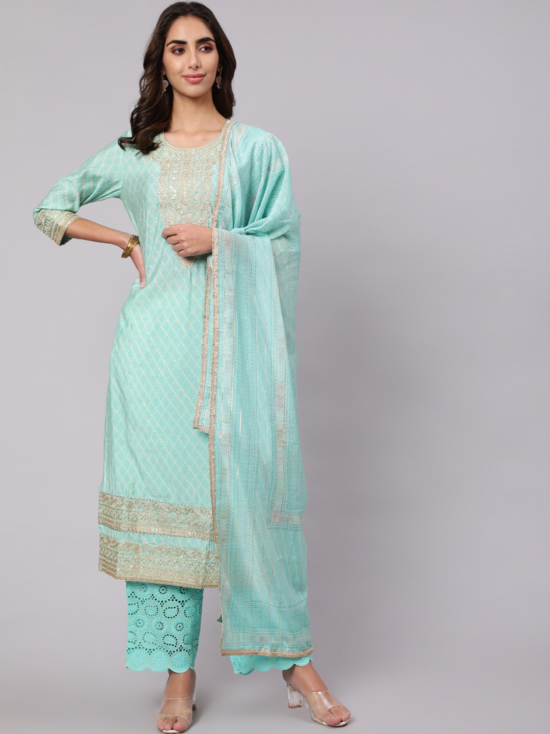

KALINI Women Bandhani Printed Chanderi Silk Kurta with Trousers & With Dupatta, Green