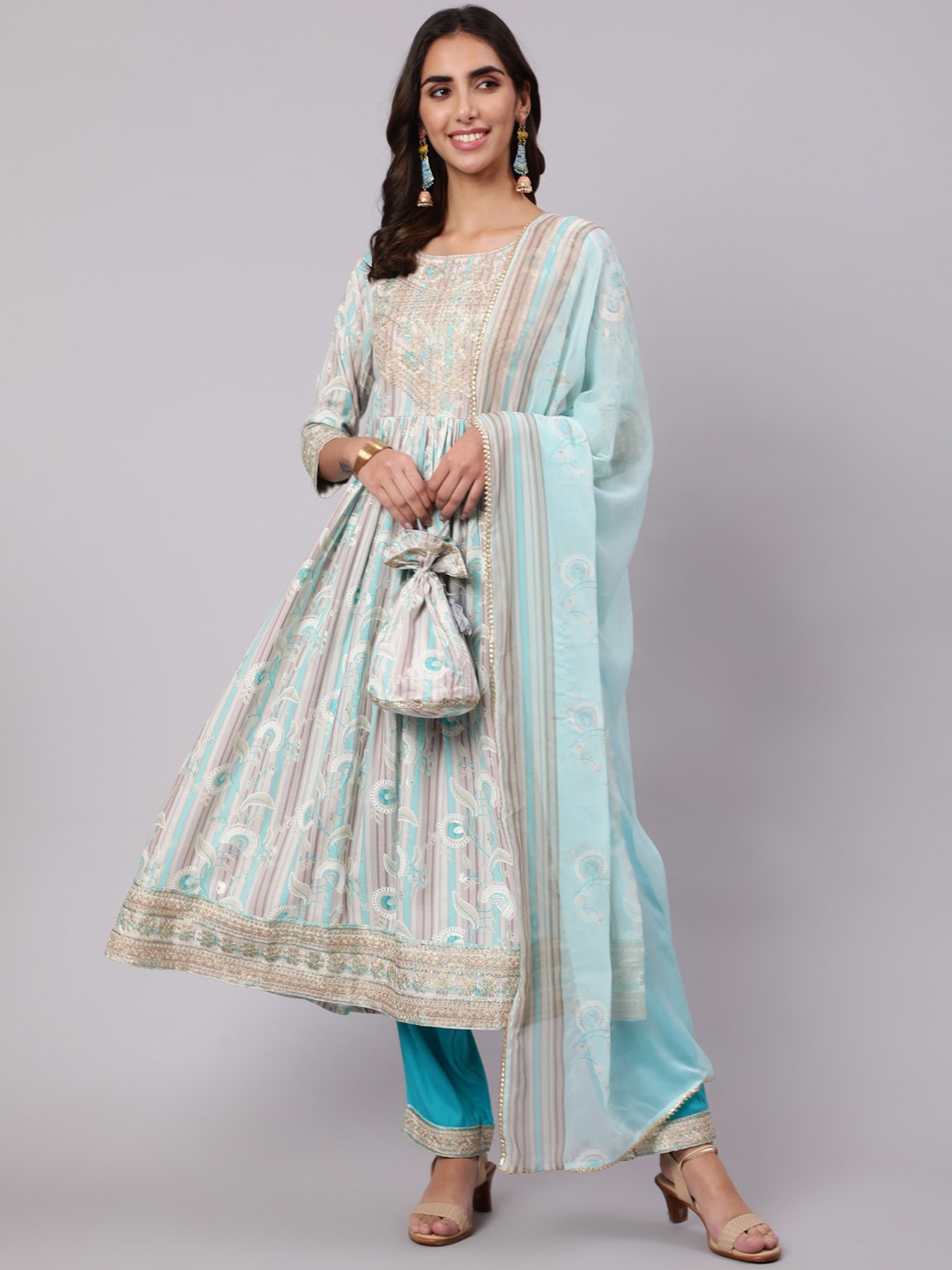 

KALINI Women Floral Printed Zardozi Kurta with Trousers & With Dupatta, Blue