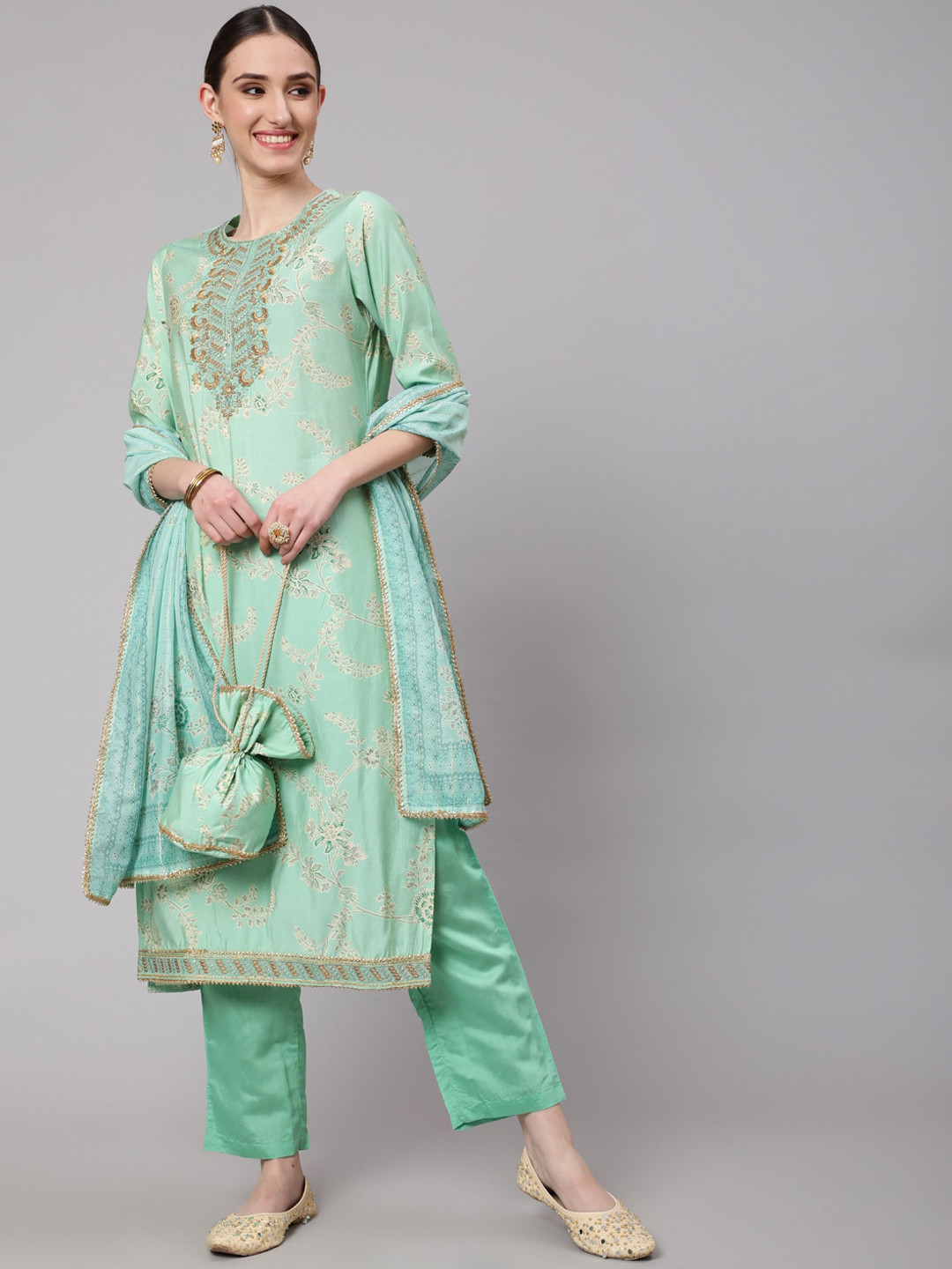 

KALINI Women Floral Printed Mirror Work Kurta with Trousers & With Dupatta, Green