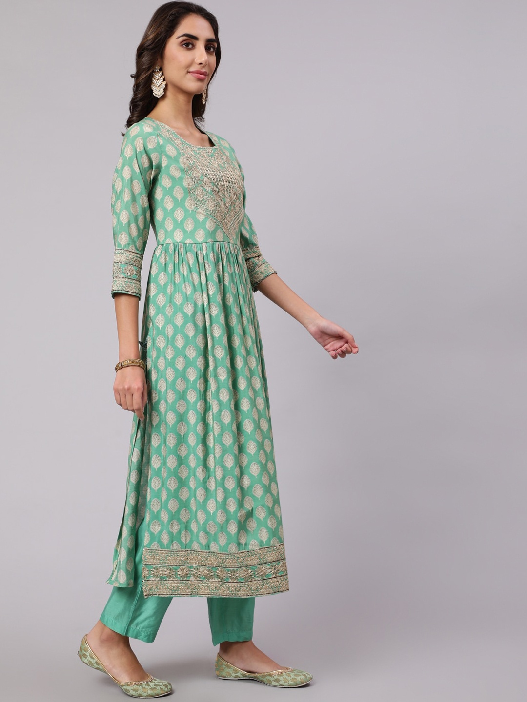 

KALINI Women Ethnic Motifs Printed Zardozi Kurta with Trousers & With Dupatta, Green