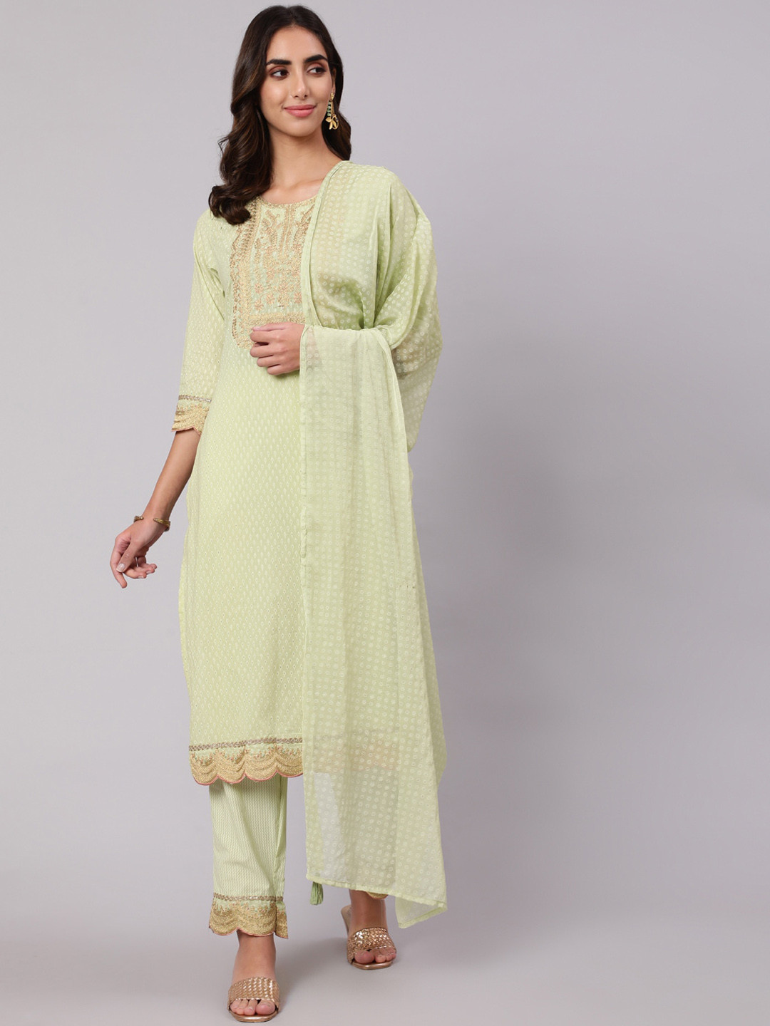 

KALINI Women Ethnic Motifs Printed Pure Cotton Kurta with Trousers & With Dupatta, Green