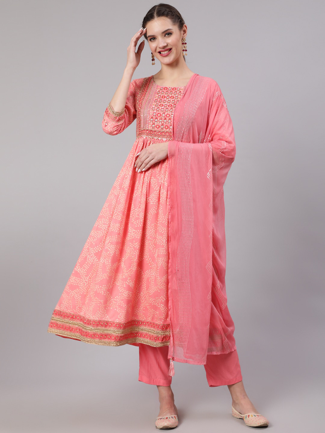 

KALINI Women Bandhani Printed Beads and Stones Kurta with Trousers & With Dupatta, Pink