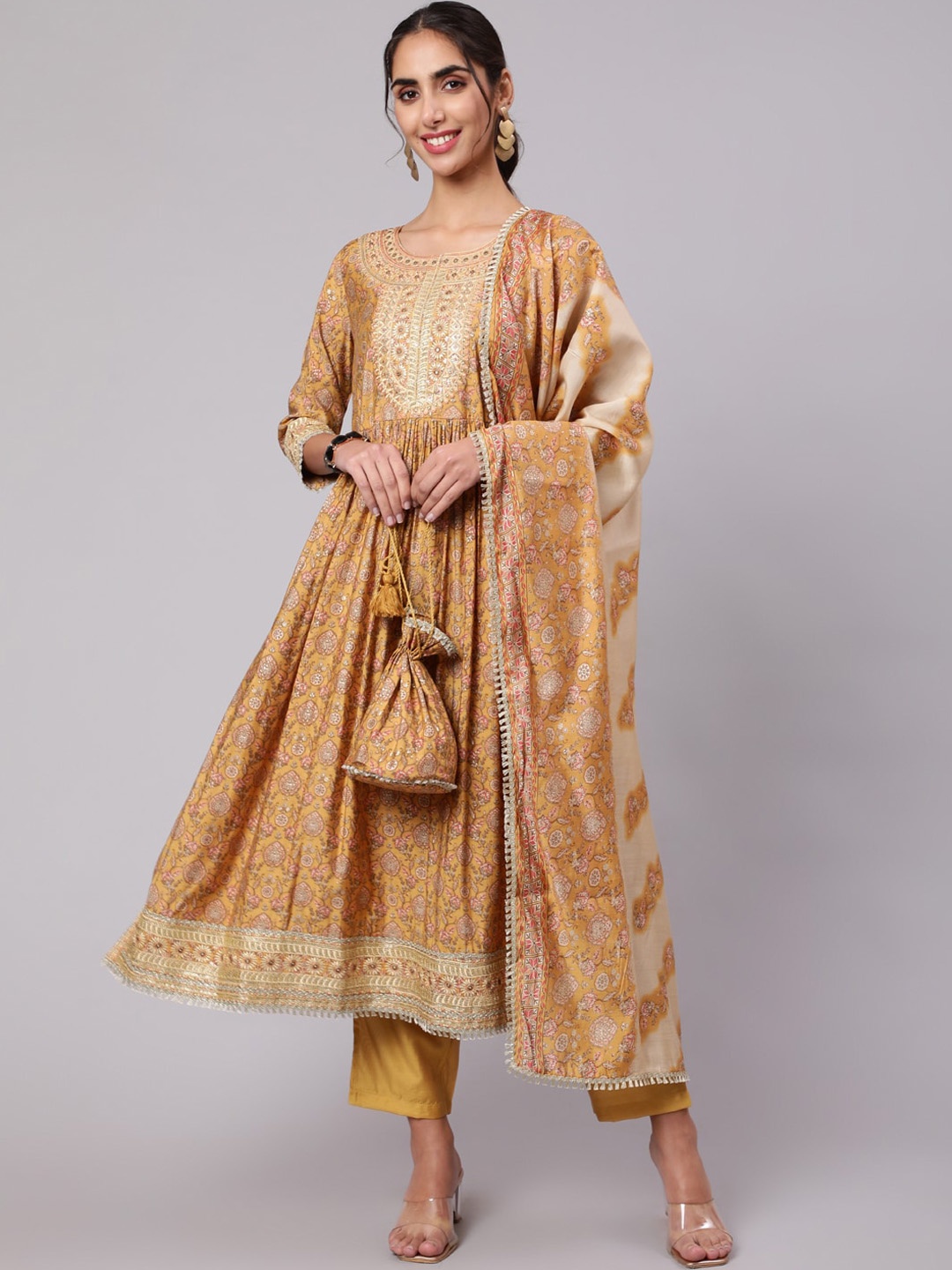 

KALINI Ethnic Motifs Embroidered Pleated Mirror Work Chanderi Silk Kurta with Trousers, Mustard