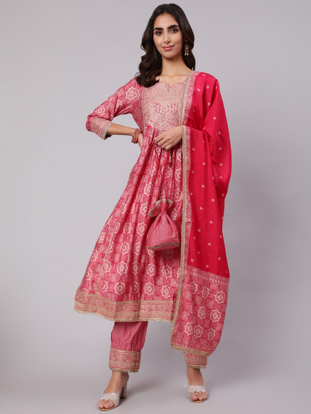 

KALINI Ethnic Motifs Embroidered Cotton Kurta with Trousers & With Dupatta, Pink