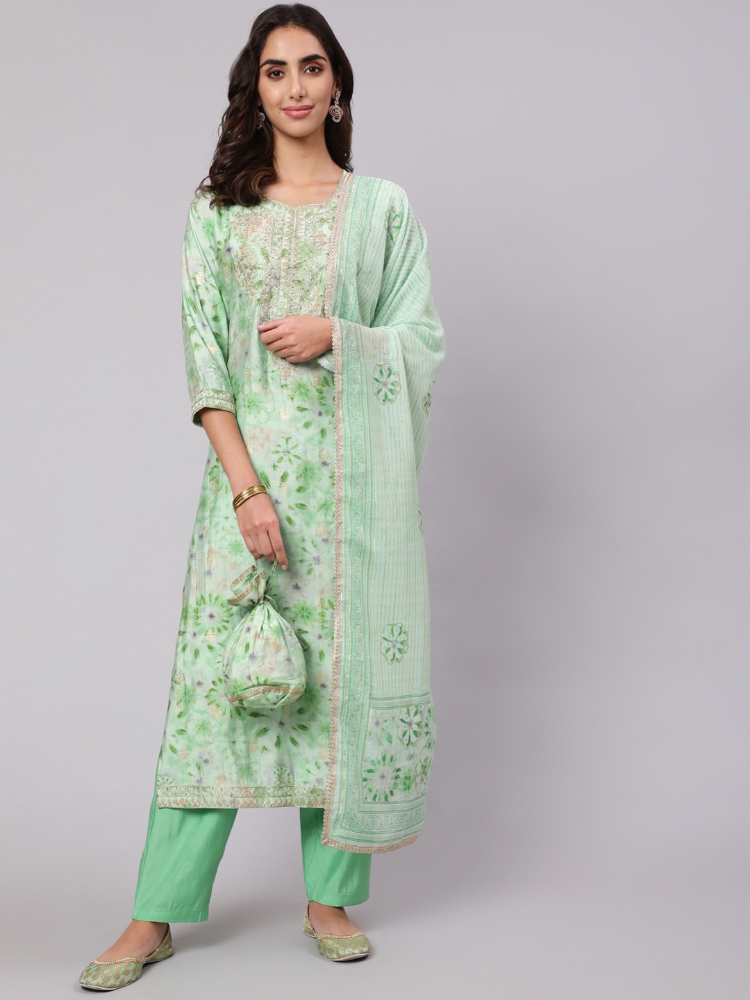 

KALINI Ethnic Motifs Dyed Sequinned Cotton Kurta with Trousers & With Dupatta, Green