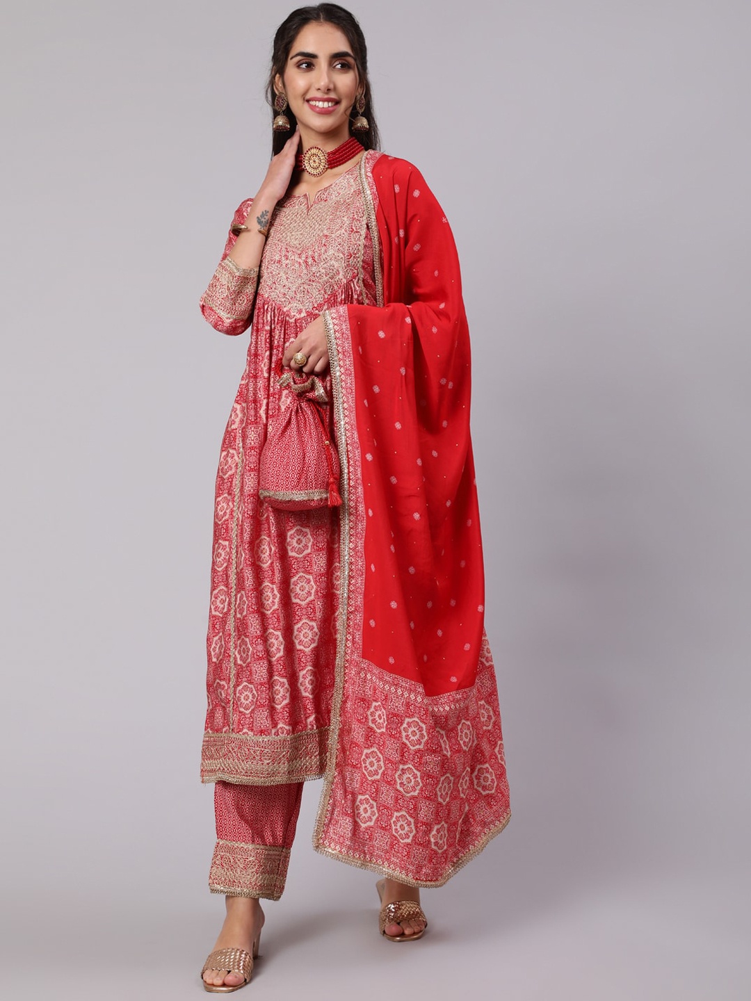 

KALINI Women Ethnic Motifs Embroidered Sequinned Kurta with Trousers & With Dupatta, Red