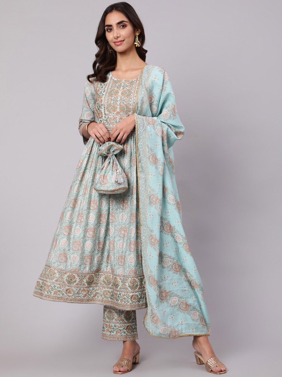 

KALINI Women Floral Printed Embroidered Thread Work Kurta with Trousers & With Dupatta, Blue