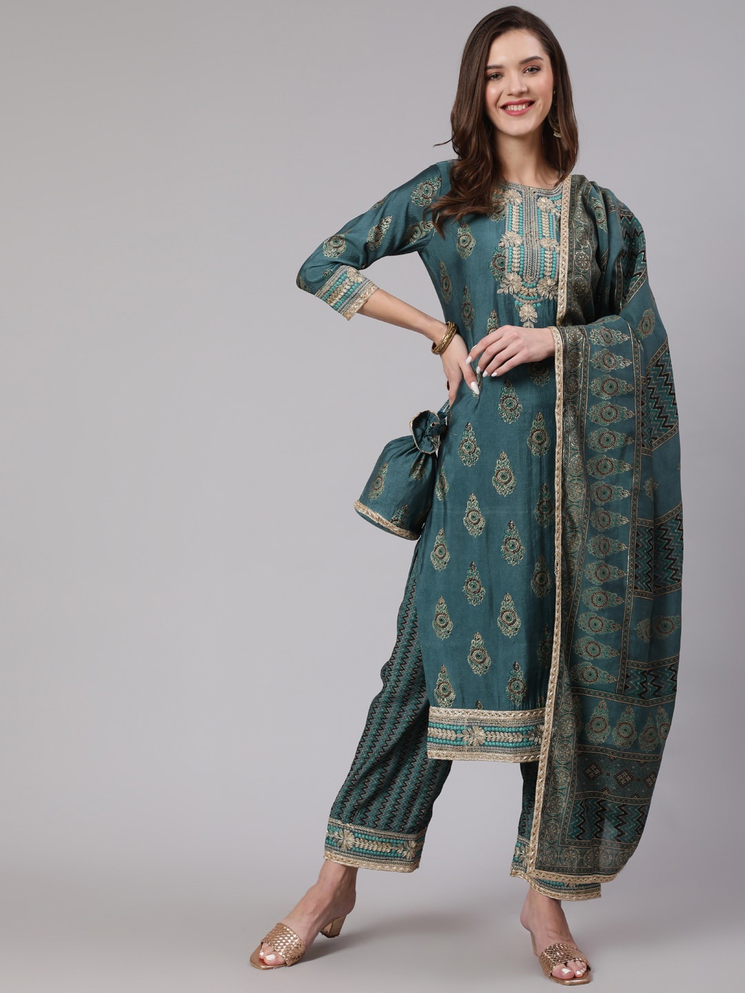 

KALINI Women Ethnic Motifs Printed Embroidered Kurta with Trousers & With Dupatta, Green