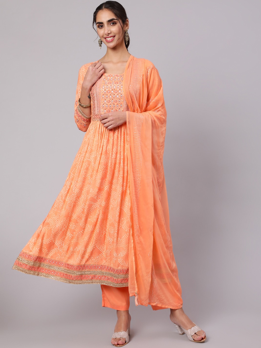 

KALINI Women Bandhani Printed Sequinned Kurta with Trousers & With Dupatta, Orange