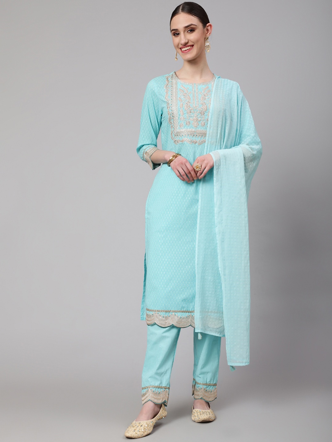 

KALINI Embroidered Thread Work Pure Cotton Kurta with Trousers & With Dupatta, Blue