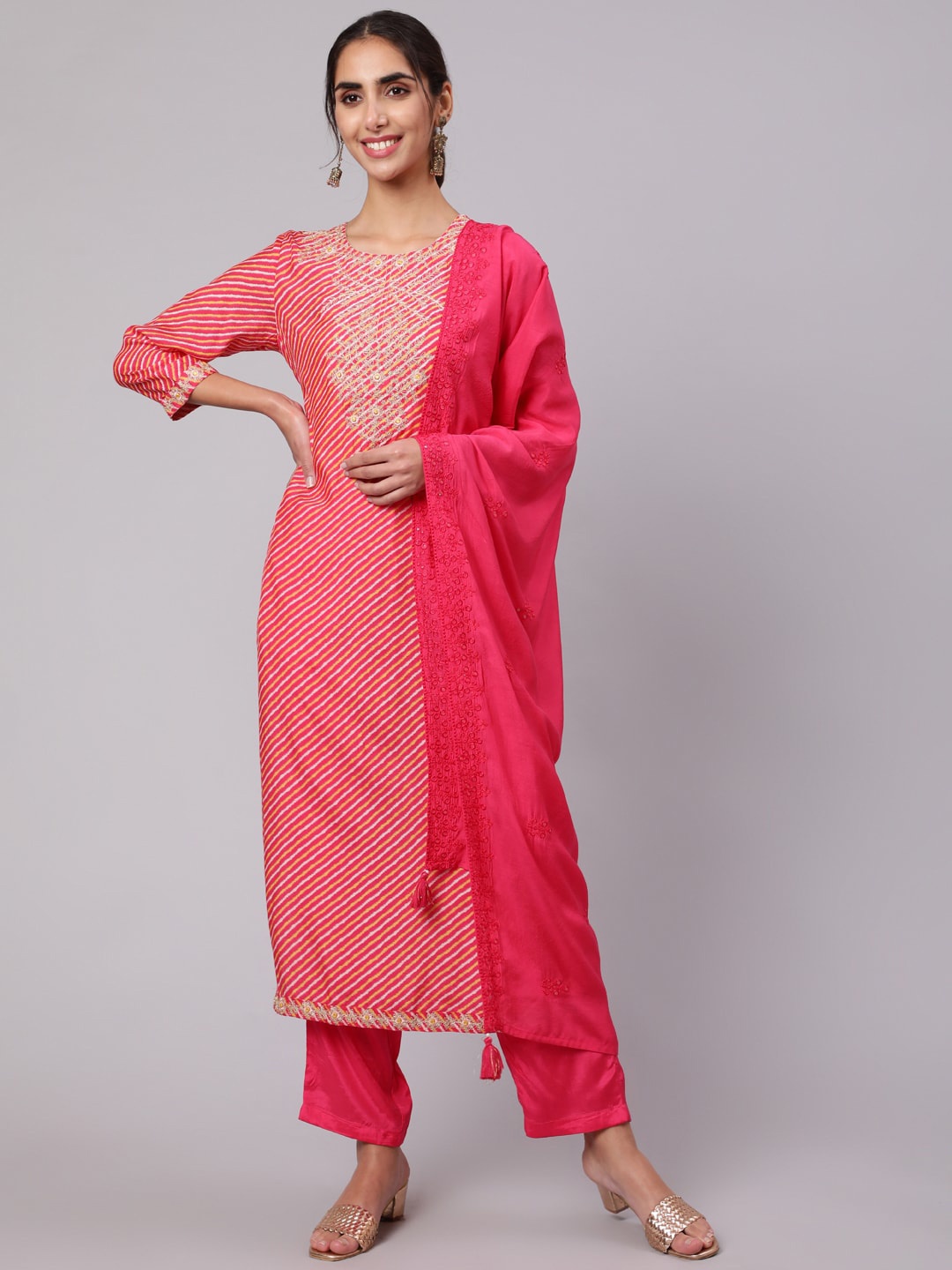 

KALINI Leheriya Embroidered Sequinned Kurta with Trousers & With Dupatta, Pink