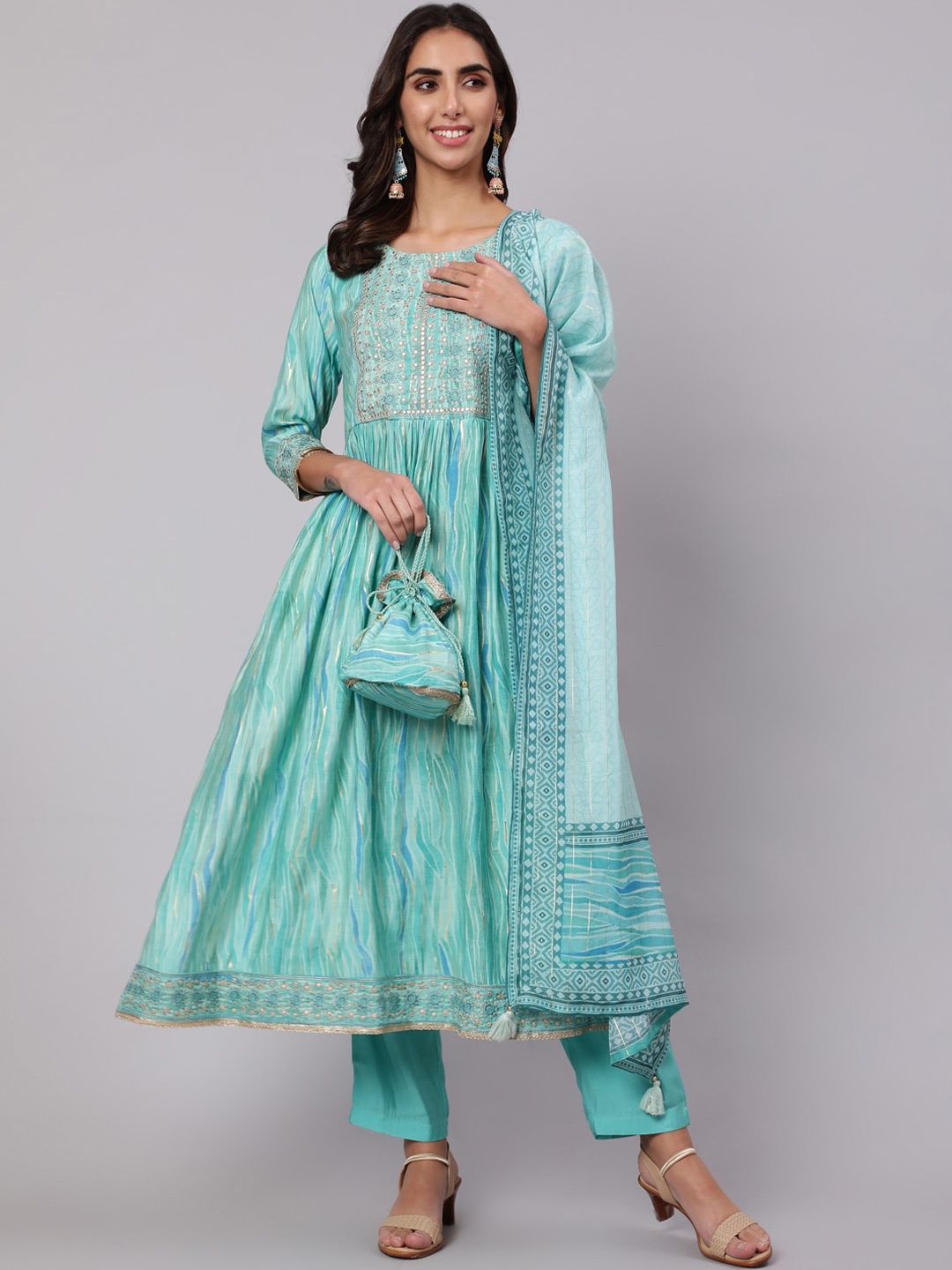

KALINI Printed Empire Mirror Work Kurta with Trousers & With Dupatta, Blue