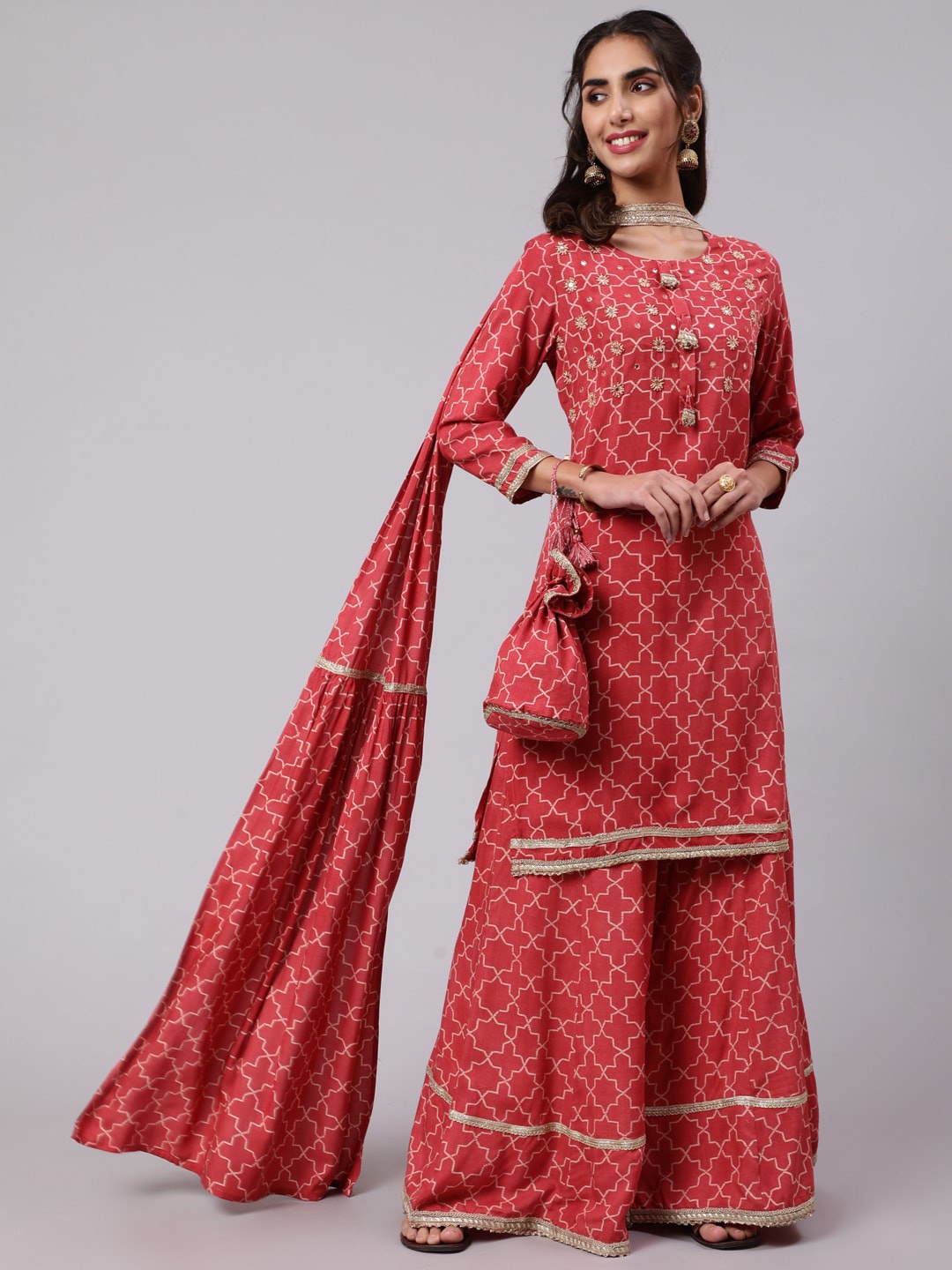 

KALINI Printed Mirror Work Kurta with Sharara & With Dupatta, Rust