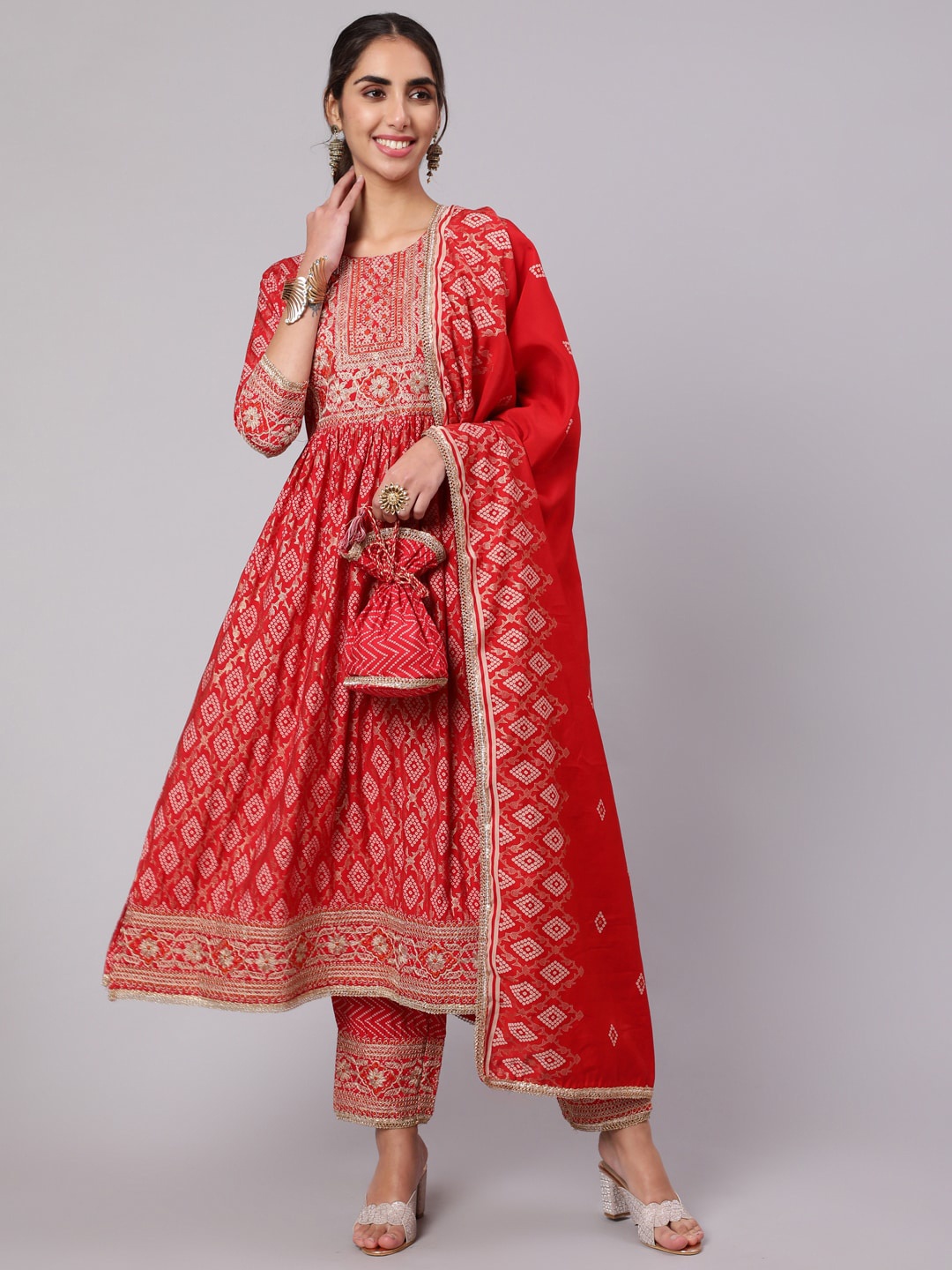

KALINI Bandhani Embroidered Sequinned Kurta with Trousers & With Dupatta, Red