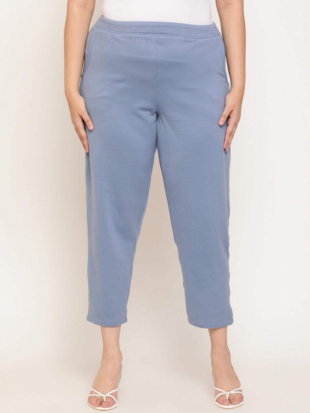 

Amydus Women Plus Size Straight Fit High-Rise Trousers, Blue