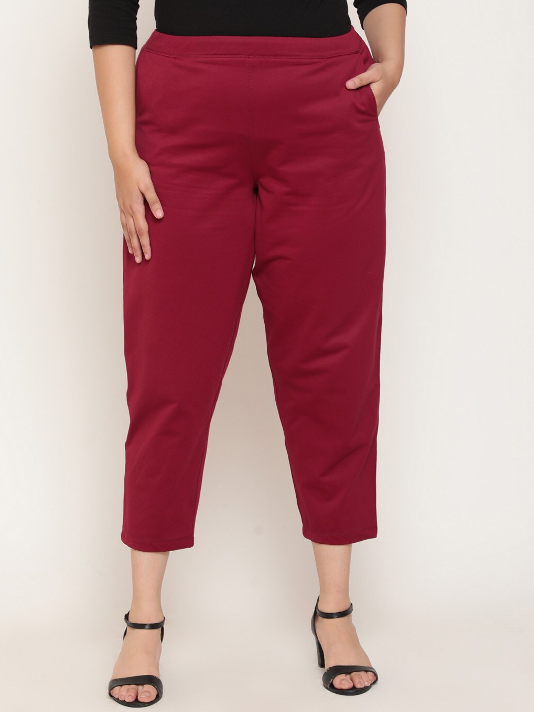 

Amydus Women Plus Size Straight Fit High-Rise Trousers, Maroon