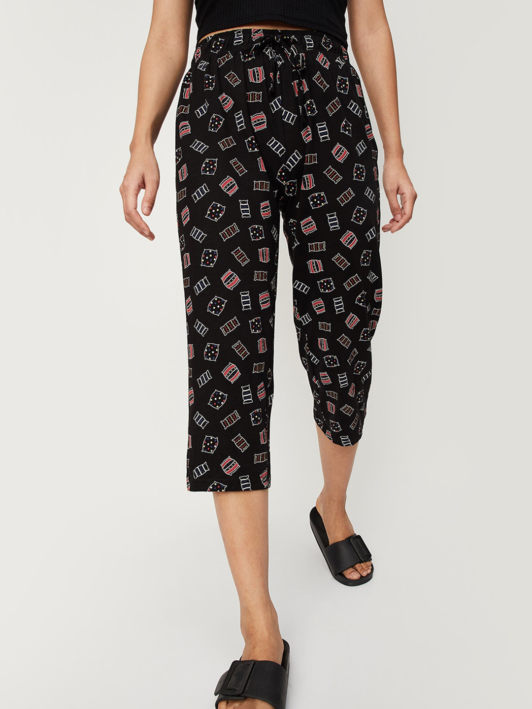

max Women Printed Pure Cotton Lounge Capris, Black