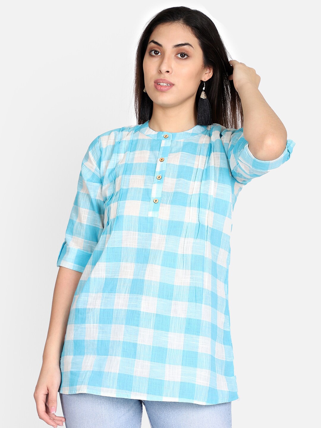 

Resha Checked Mandarin Collar Roll-Up Sleeves Shirt Style Top, Blue