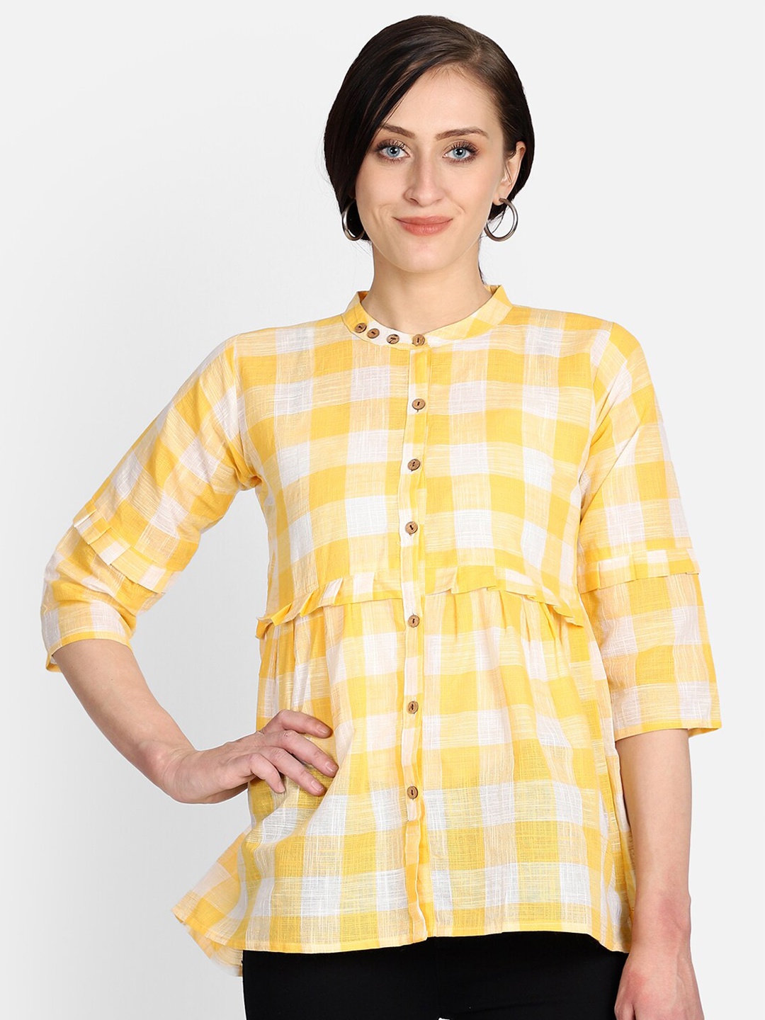 

Resha Checked Mandarin Collar Shirt Style Pure Cotton Top, Yellow